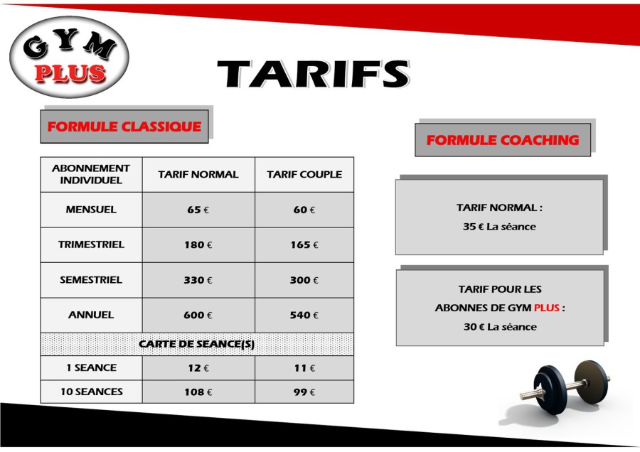 LES TARIFS DE LA SALLE DE SPORT GYM PLUS